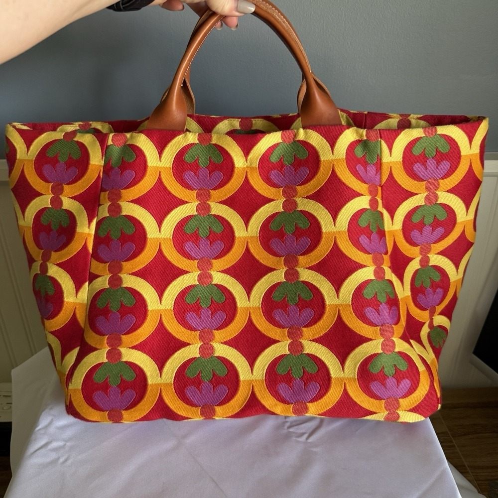 Vecina Erin Multicolor Large Square Tote Top Handle Bag Purse Cotton Leather